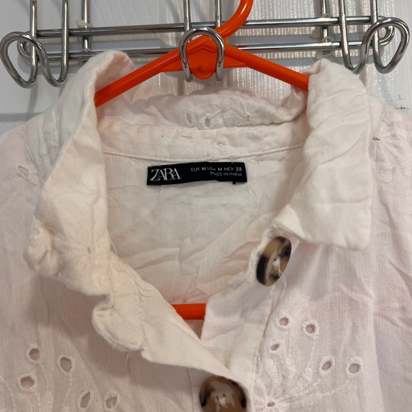 ZARA White Eyelet Embroidered Button Front Short Sleeve Babydoll Tee - Picture 4 of 6
